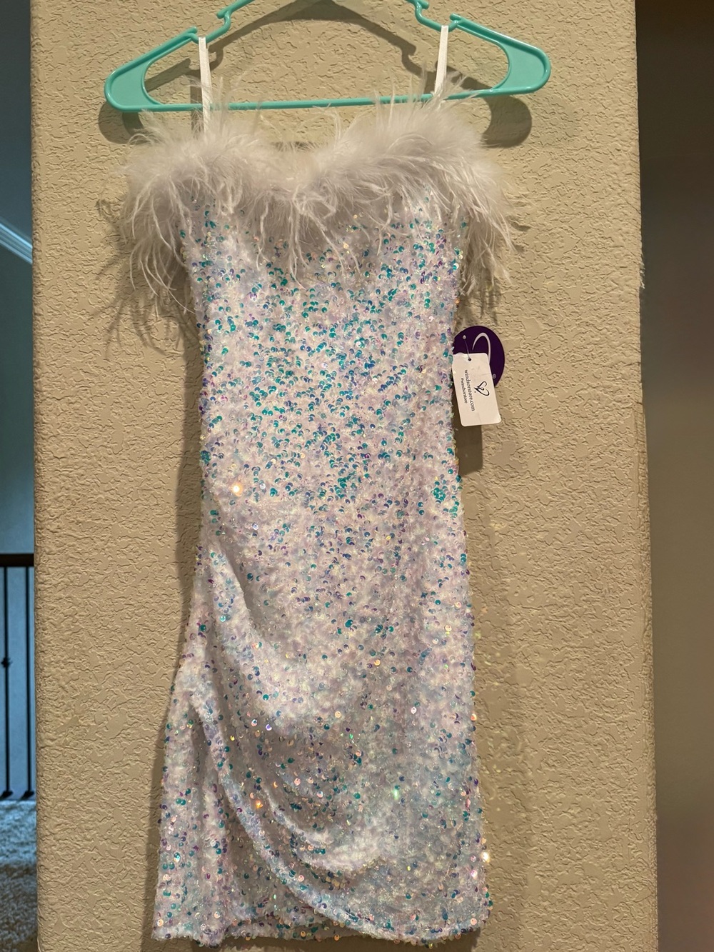 Windsor White Iridescent Sequin Feather Strapless Dress *Limited edition